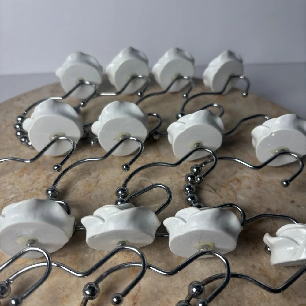 UO Rose Icon Shower Curtain Hooks Set of 12‎ White 3D Rose Flower Shabby Chic